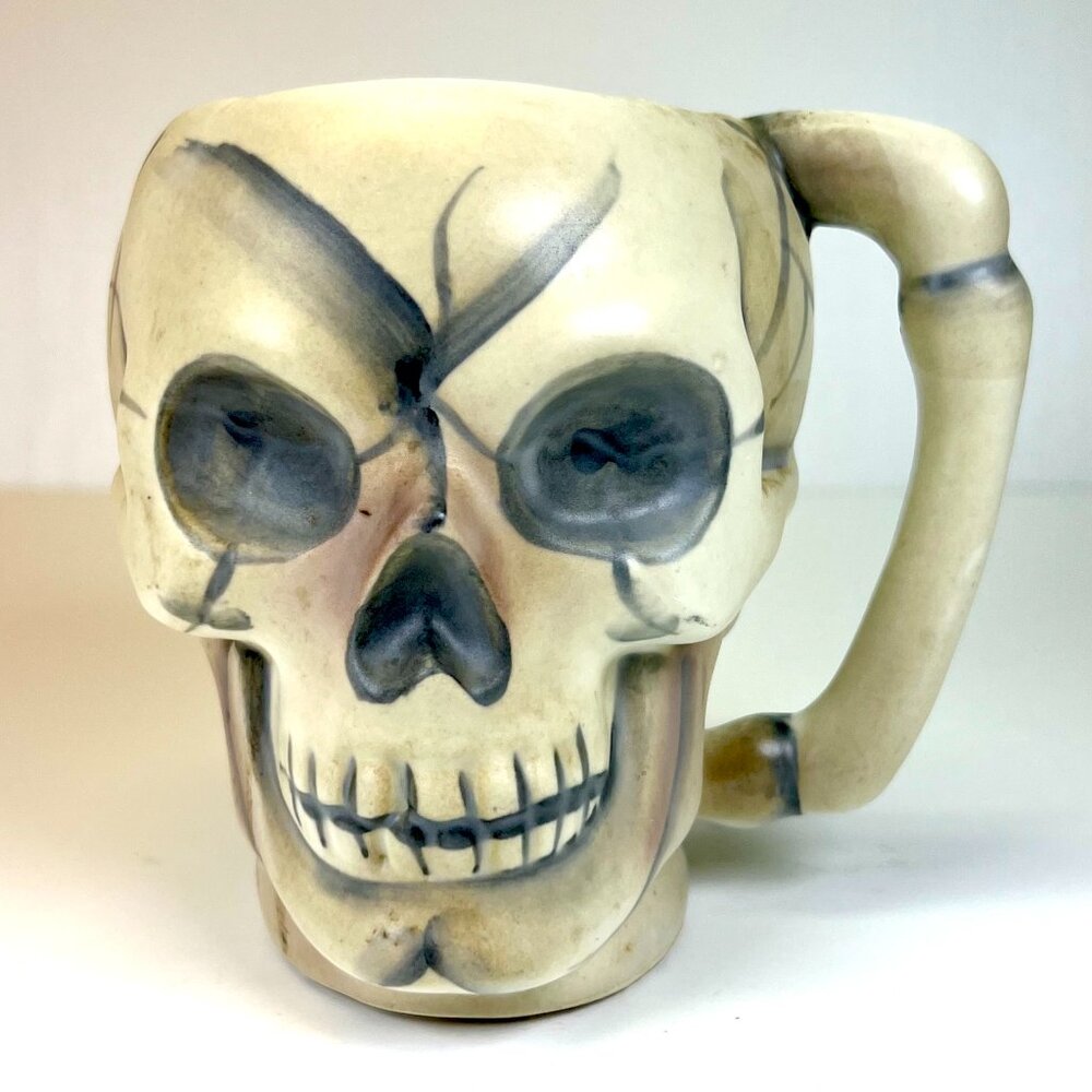 Vintage 70s Tiki Skull Mug Gothic Halloween Skeleton Coffee Cup Day of the Dead